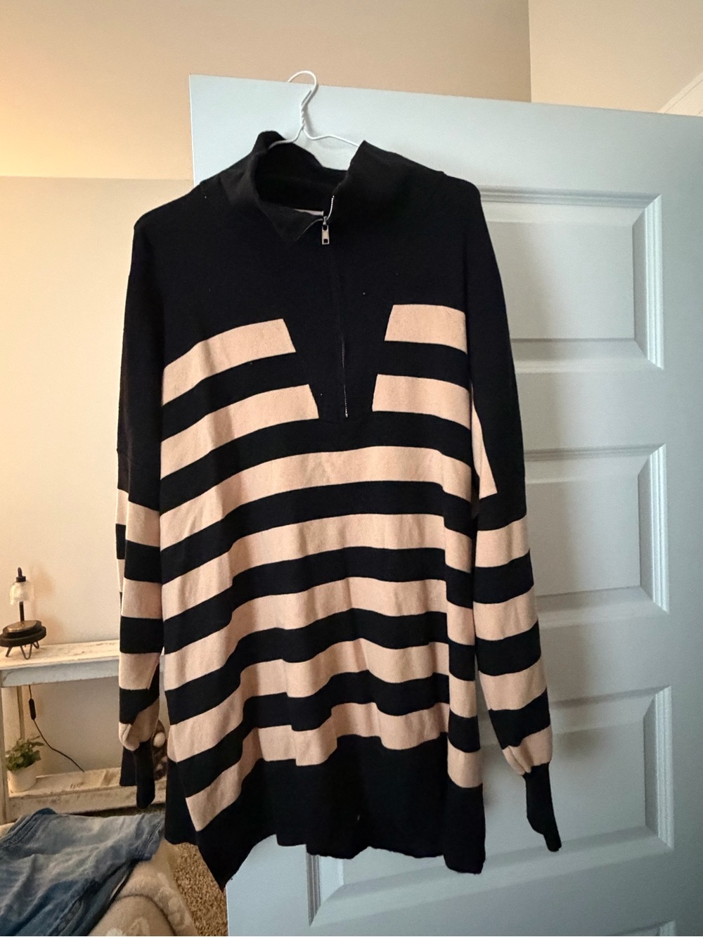Pink Lily Black and Beige Striped Zip-Up Sweater